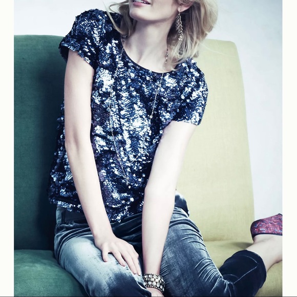 SOLD-Anthropologie Blue Jewel Tone Sequin Short Sleeve Blouse Tee - Picture 8 of 11